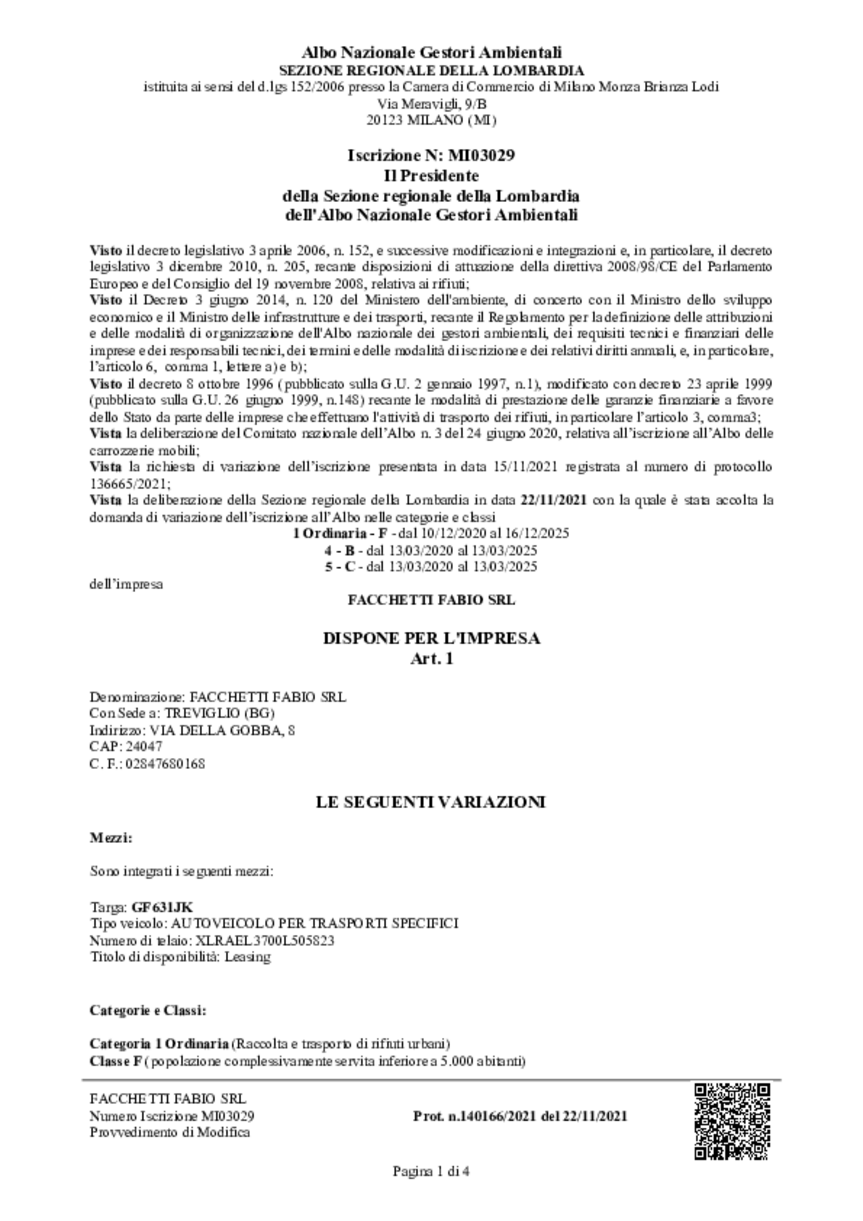 Integrazione mezzo GF631JK